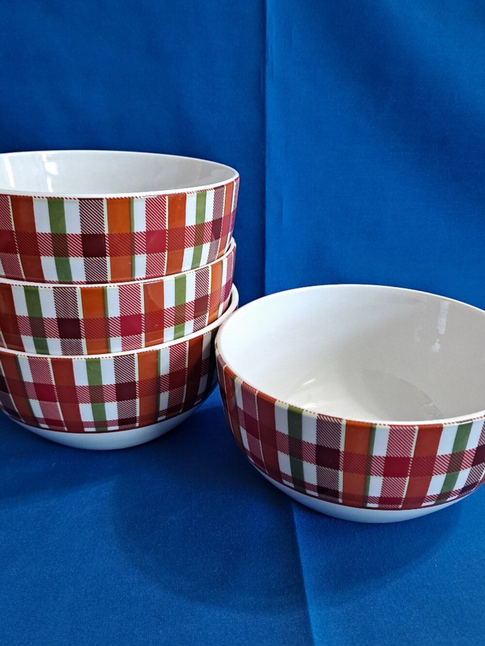 Set 4 Royal Norfolk PLAID 5 1/2" Soup BOWLS Orange Red Green Cereal Christmas